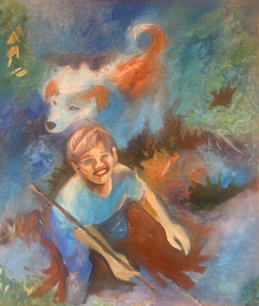 "Nothing Like Playing in the Back Yard With Your Dog and a Stick," original painting